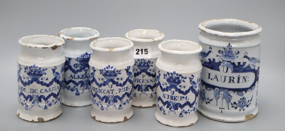 Five various Delft drug jars and another larger, tallest 16cm